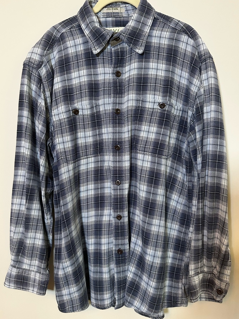 Orvis Mens Blue Gray Plaid Flannel Button Down Long Sleeve Size L 100% Cotton